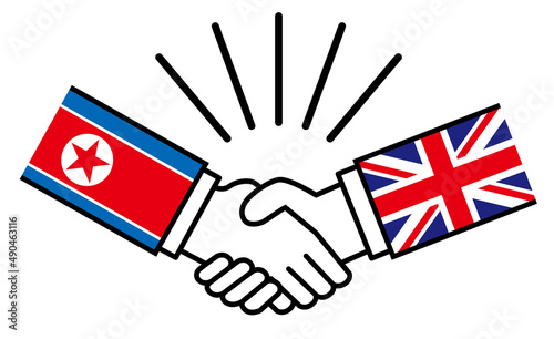 北朝鮮とイギリス、国旗がついた手が握手　国家間の戦争紛争　同盟、和解、合意のイメージイラスト