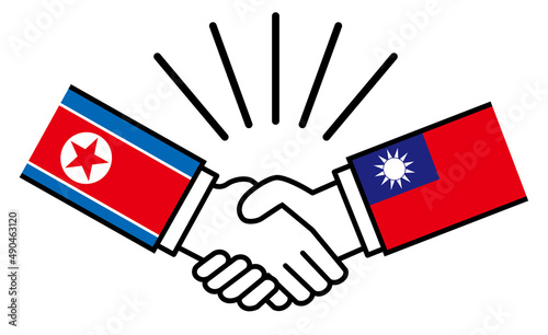北朝鮮と台湾、国旗がついた手が握手　国家間の戦争紛争　同盟、和解、合意のイメージイラスト