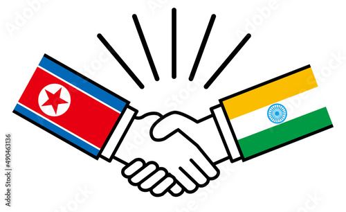 北朝鮮とインド、国旗がついた手が握手　国家間の戦争紛争　同盟、和解、合意のイメージイラスト