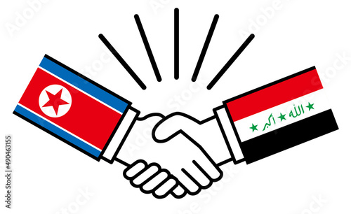 北朝鮮とイラク、国旗がついた手が握手　国家間の戦争紛争　同盟、和解、合意のイメージイラスト