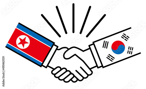 北朝鮮と韓国、国旗がついた手が握手　国家間の戦争紛争　同盟、和解、合意のイメージイラスト
