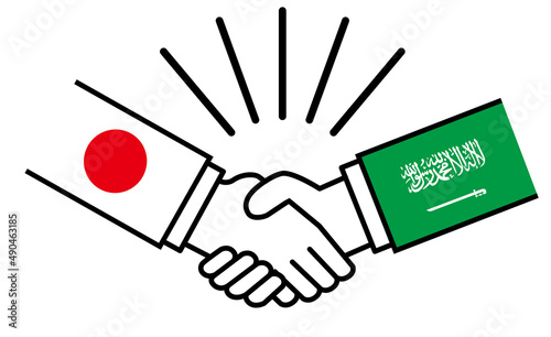 日本とサウジアラビア、国旗がついた手が握手　国家間の戦争紛争　同盟、和解、合意のイメージイラスト