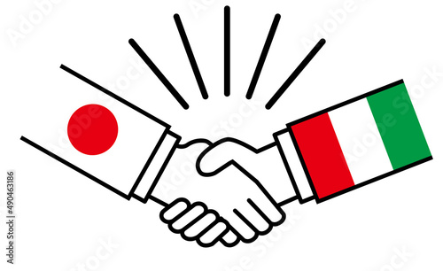 日本とイタリア、国旗がついた手が握手　国家間の戦争紛争　同盟、和解、合意のイメージイラスト
