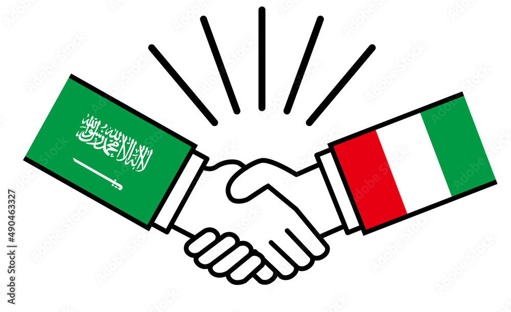 サウジアラビアとイタリア 国旗がついた手が握手 国家間の戦争紛争 同盟 和解 合意のイメージイラスト Stock Vector Adobe Stock