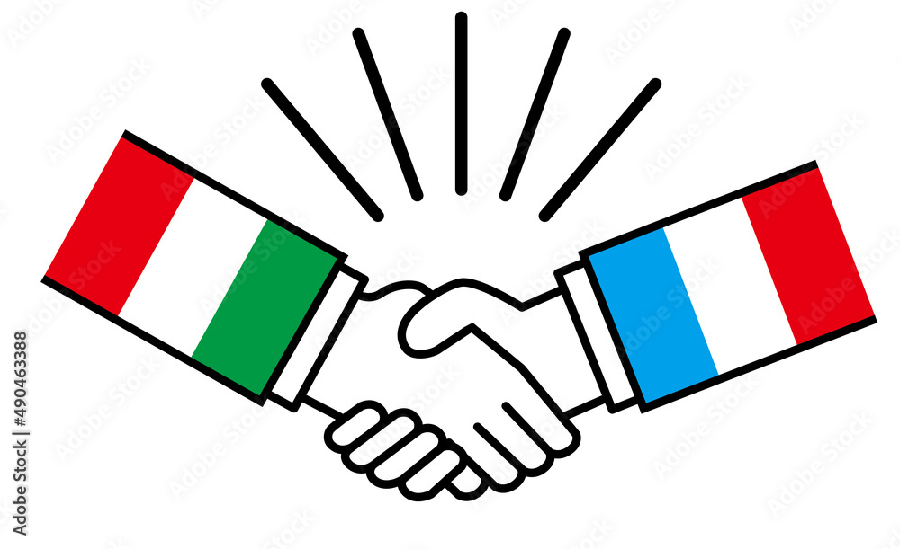 イタリアとフランス 国旗がついた手が握手 国家間の戦争紛争 同盟 和解 合意のイメージイラスト Stock Vector Adobe Stock