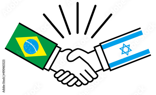 ブラジルとイスラエル、国旗がついた手が握手　国家間の戦争紛争　同盟、和解、合意のイメージイラスト