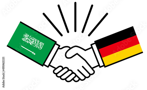 サウジアラビアとドイツ、国旗がついた手が握手　国家間の戦争紛争　同盟、和解、合意のイメージイラスト