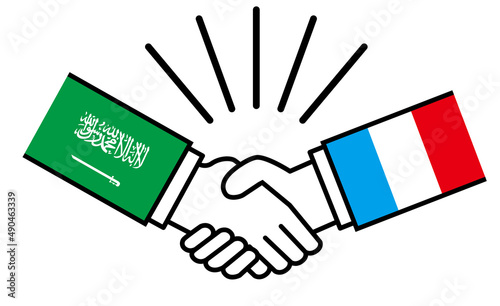 サウジアラビアとフランス、国旗がついた手が握手　国家間の戦争紛争　同盟、和解、合意のイメージイラスト