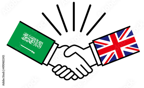 サウジアラビアとイギリス、国旗がついた手が握手　国家間の戦争紛争　同盟、和解、合意のイメージイラスト