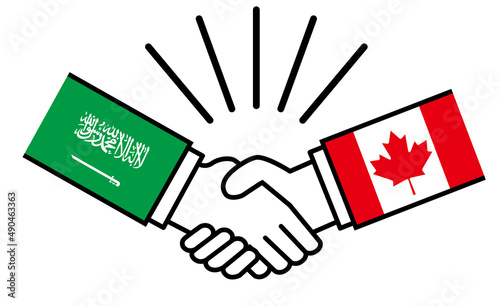サウジアラビアとカナダ、国旗がついた手が握手　国家間の戦争紛争　同盟、和解、合意のイメージイラスト