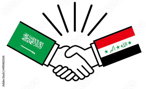 サウジアラビアとイラク、国旗がついた手が握手　国家間の戦争紛争　同盟、和解、合意のイメージイラスト