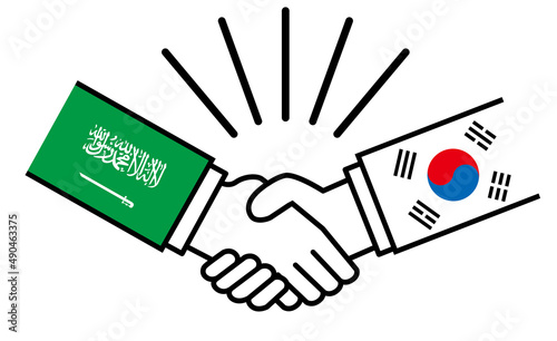 サウジアラビアと韓国、国旗がついた手が握手　国家間の戦争紛争　同盟、和解、合意のイメージイラスト