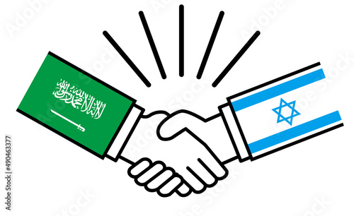 イスラエルとサウジアラビア、国旗がついた手が握手　国家間の戦争紛争　同盟、和解、合意のイメージイラスト