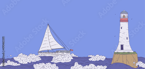Ship sailboat and lighthouse on rock among stormy sea waves. Landscape with signal tower searchlight and water for banner design. Vector line doodle illustration.