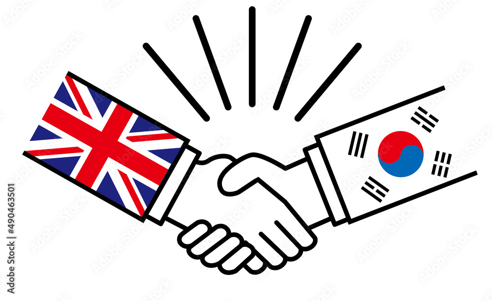 Obraz premium イギリスと韓国、国旗がついた手が握手 国家間の戦争紛争 同盟、和解、合意のイメージイラスト