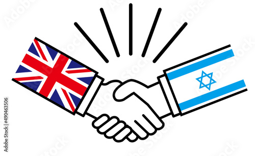 イギリスとイスラエル、国旗がついた手が握手　国家間の戦争紛争　同盟、和解、合意のイメージイラスト