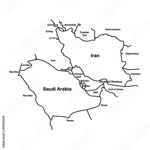 Middle East Outline Map with Saudi Arab vs Iran Conflict. Editable Vector EPS Symbol Illustration.