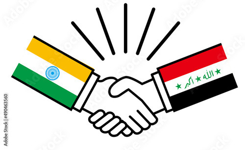 インドとイラク、国旗がついた手が握手　国家間の戦争紛争　同盟、和解、合意のイメージイラスト