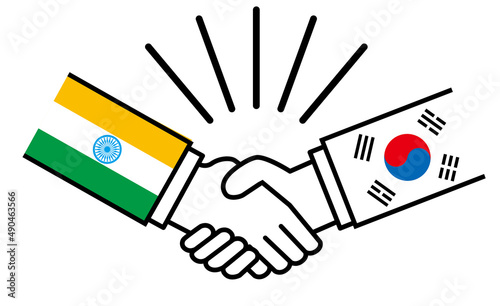 インドと韓国、国旗がついた手が握手　国家間の戦争紛争　同盟、和解、合意のイメージイラスト