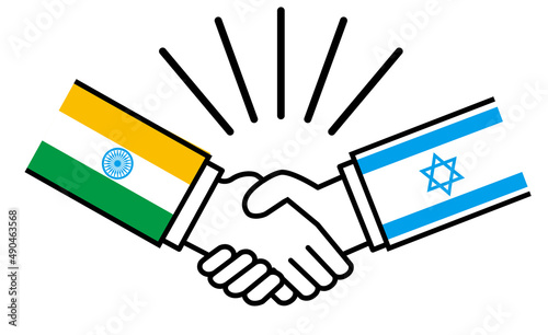 インドとイスラエル、国旗がついた手が握手　国家間の戦争紛争　同盟、和解、合意のイメージイラスト