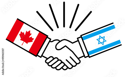 カナダとイスラエル、国旗がついた手が握手　国家間の戦争紛争　同盟、和解、合意のイメージイラスト