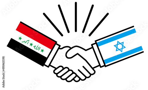 イラクとイスラエル、国旗がついた手が握手　国家間の戦争紛争　同盟、和解、合意のイメージイラスト