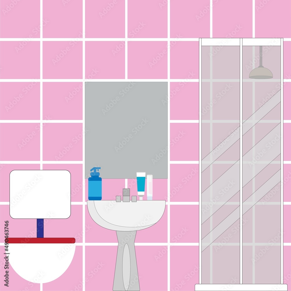 Interior of a bathroom with sink, toilet and shower cabin Interior of a bathroom with sink, toilet and shower cabin