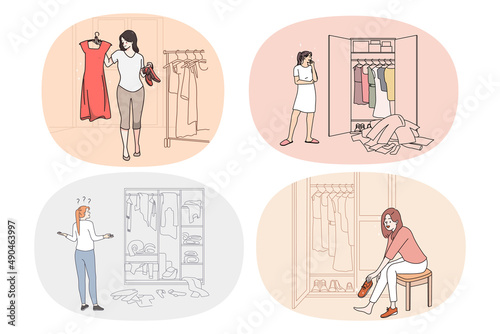 Set of frustrated young woman look at wardrobe think of outfit. Collection of unhappy girl confused with clothing choice in closet need stylist advice. Shopping and buyer. Vector illustration. 