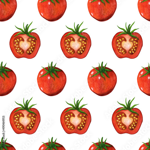 Fototapeta Naklejka Na Ścianę i Meble -  Ripe watercolor tomatoes seamless pattern. Hand drawn illustration on white background. Vegetables whole and half. Juicy red garden products, cherry. Backdrop for menu, cafe, market, web