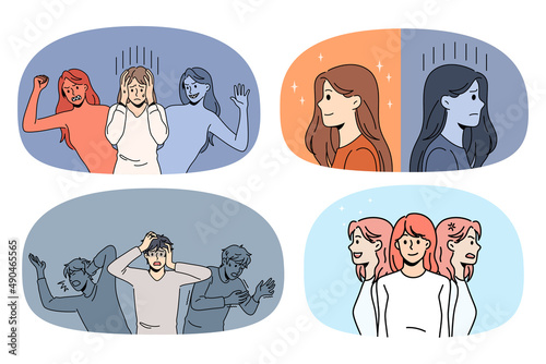 Set of diverse men and women struggle with bipolar disorder need help. Collection of people have different emotions suffer from mental psychological health problems. Vector illustration.  photo