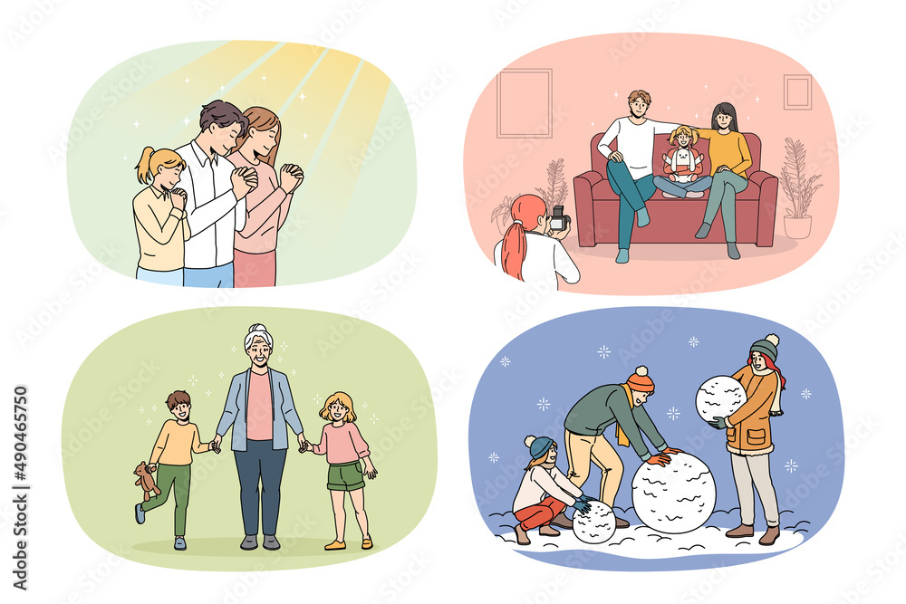 Set of happy young parents with small children daily life. Collection of smiling family with kids everyday activities, spending time playing together. Parenthood concept. Vector illustration. 