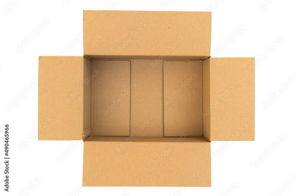 Open empty brown cardboard box isolated on white background top view Open empty brown cardboard box isolated on white background top view