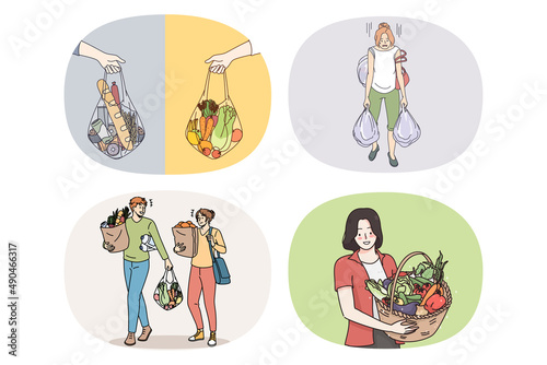 Set of young people with bags grocery shopping in supermarket. Bundle of man and woman buy products in food store follow healthy lifestyle. Eating and nutrition. Meal delivery. Vector illustration. 