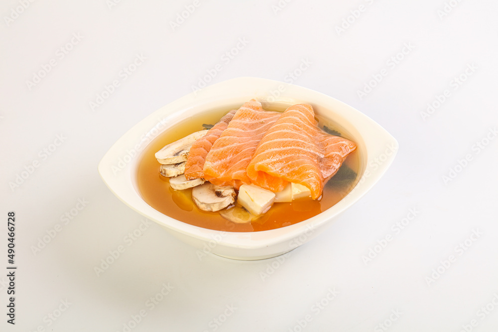 Japanese traditional miso soup with salmon Japanese traditional miso soup with salmon
