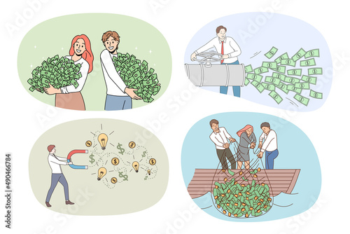 Set of happy businesspeople with stacks of money get dividend from investment. Collection of smiling employees receive piles of cash. Passive income and finance stability. Vector. 
