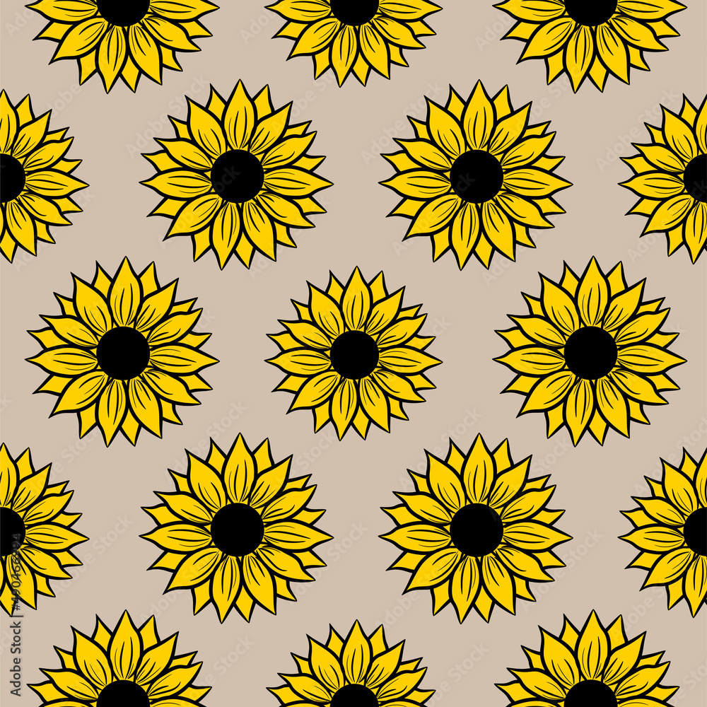 Summer Sunflower seamless pattern. Field flowers background. Black and yellow colors Summer Sunflower seamless pattern. Field flowers background. Black and yellow colors