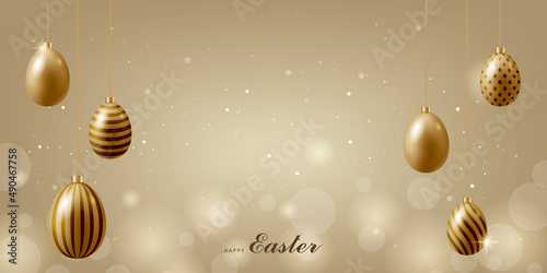 Easter banner with golden Easter eggs on shiny background.