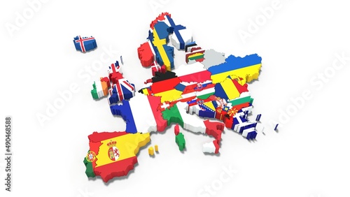 Fotografi Carte de l'Europe avec les drapeaux de chaque pays - Rendu 3D