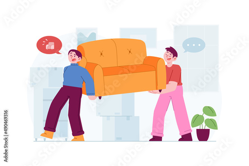We Have Moved concept vector Illustration idea for landing page template, Family moving, home arrangement, direction for together in home relocation process, Hand drawn Flat Style