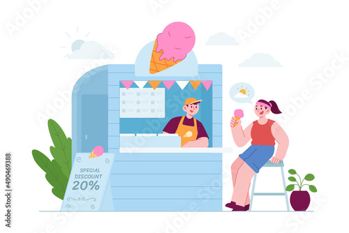 Local Store concept vector Illustration idea for landing page template, Small business with ice cream storefront, open place with happy customer, shop front view, retail owner, Hand drawn Flat Style