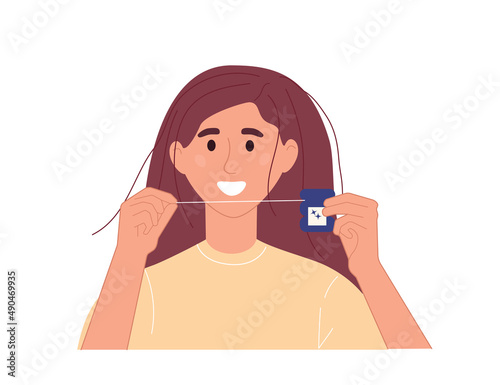 Smiling young woman using tooth floss cleaning. Daily oral hygiene and healthy white teeth concept. Flat vector illustration