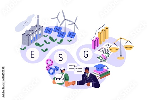 ESG concept. Environmental, social and corporate governance. Sustainable responsible ethical approach and values in business and management. Flat vector illustration isolated on white background