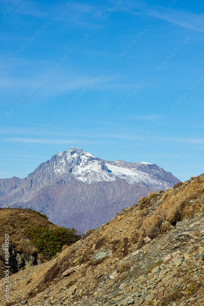 Fototapeta premium National Nature Park. Landscape with mountains and valleys. Huge rocks and blue sky.