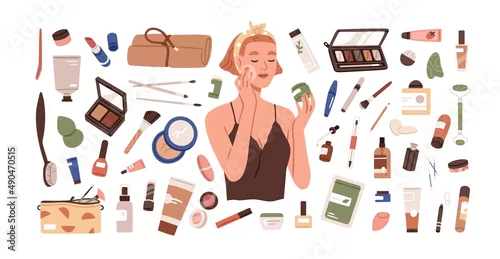 Obraz Makeup set with decorative beauty products. Skin, eyes, lips cosmetics and accessories for make-up. Women purse stuff, lipstick, mascara. Flat graphic vector illustration isolated on white background