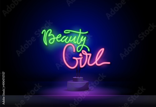 Beauty salon neon sign, bright signboard, light banner. Beauty logo, emblem. Vector realistic isolated neon sign of Beauty Shop logo with lipstick for decoration and covering on the wall background.