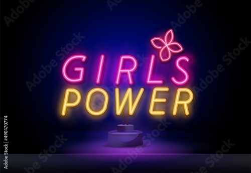 Vector illustration in simple style with hand-lettering phrase girl power - bright neon sign - stylish print for poster or t-shirt - feminism quote and international women's day