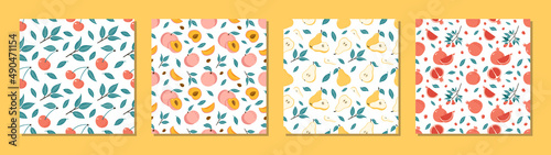 Juicy Fruits Seamless Patterns Set. Collection of Hand Drawn Vibrant Ripe Cherry, Peaches, Pears and Garnets Vector Illustrations for textile prints, wrapping paper, food and juice package design