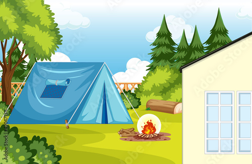 Scene of backyard with camp and campfire
