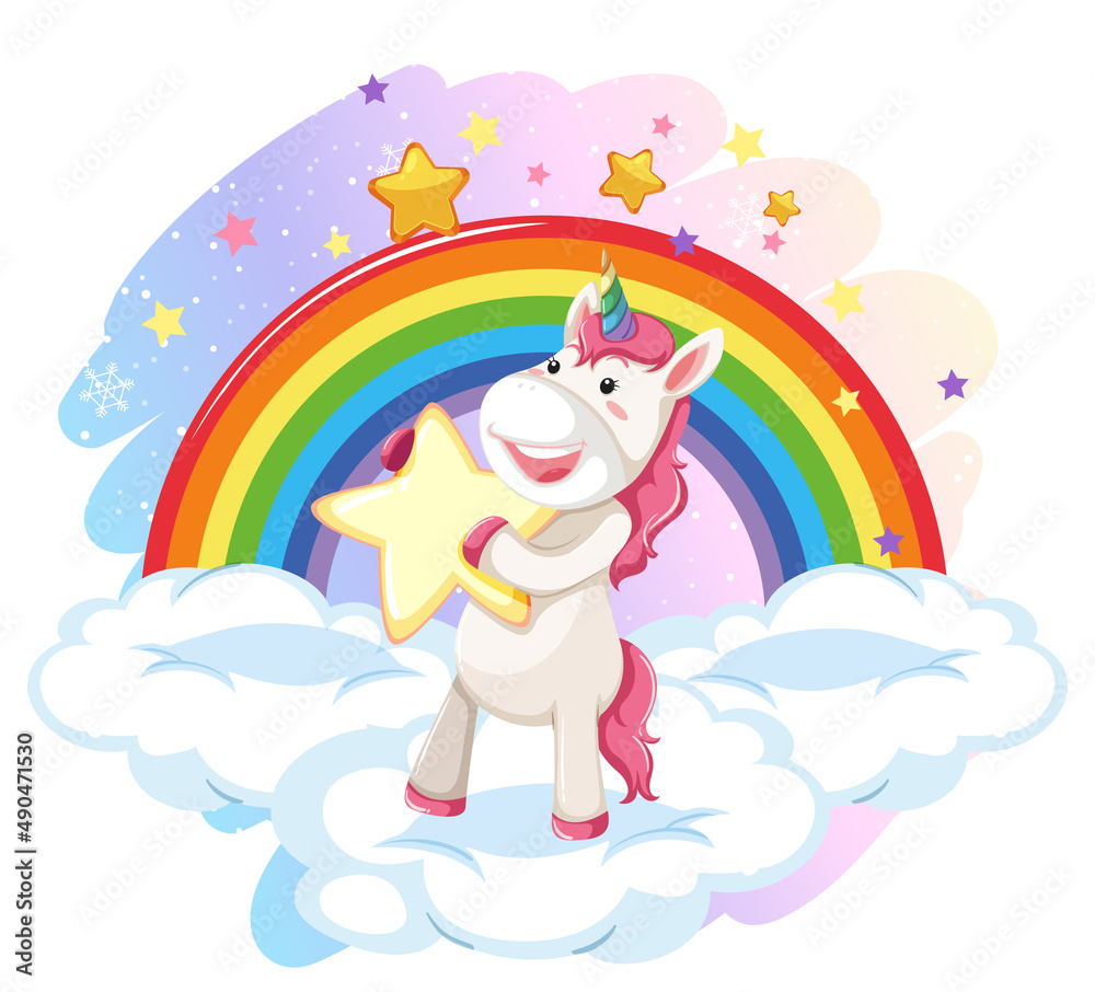 Cute unicorn sitting on a cloud with rainbow Cute unicorn sitting on a cloud with rainbow