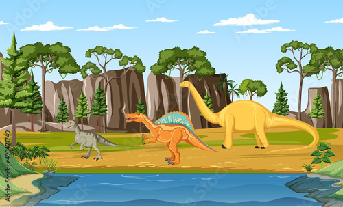 Scene with dinosaurs in the forest